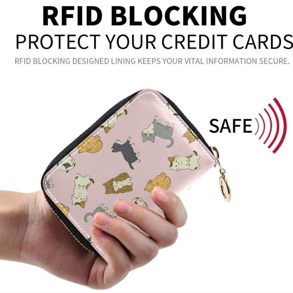Cat Pattern RFID Blocking Card Holder Wallet - Pink with Secure Protection